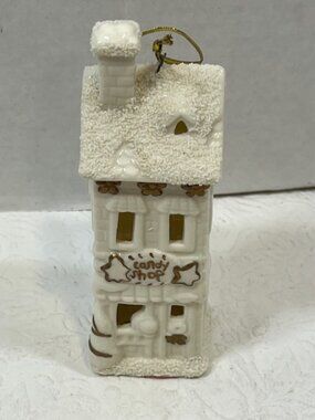 VTG Candy Shop Christmas Holiday Ceramic Ornament Gold Accents Textured Snow 5"